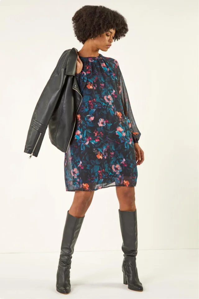 Roman Blue Floral Print Swing Dress