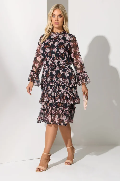 Yours London Curve Black Floral Dobby Ruffle Mini Dress - 20 Image 2