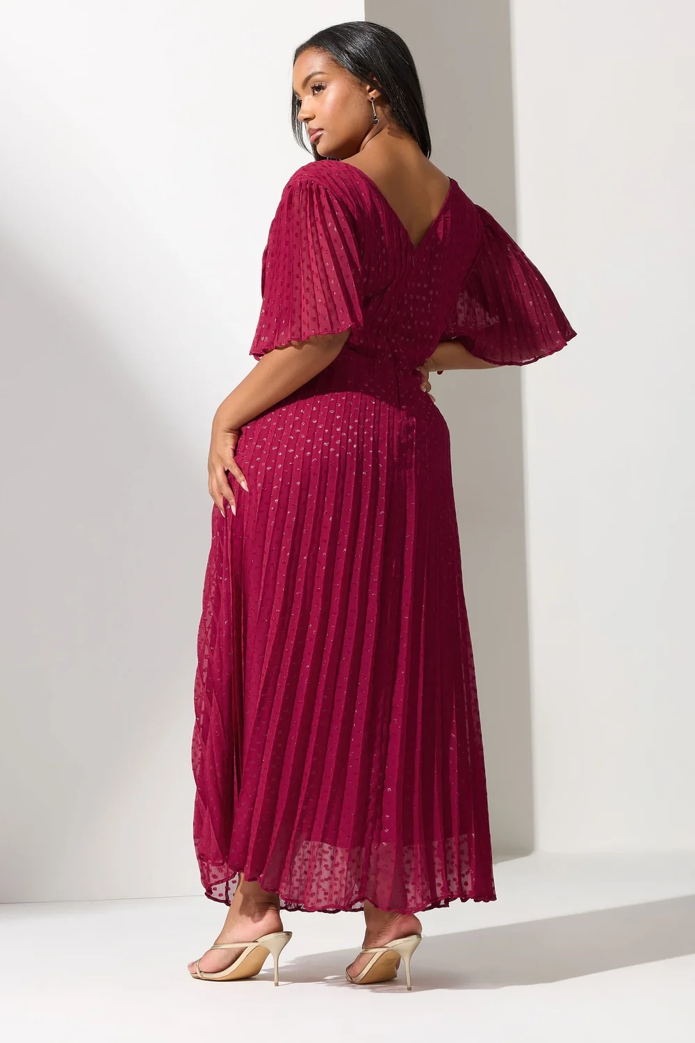 Yours London Curve Red Metallic Dobby Pleated Wrap Dress - 24 Image 3