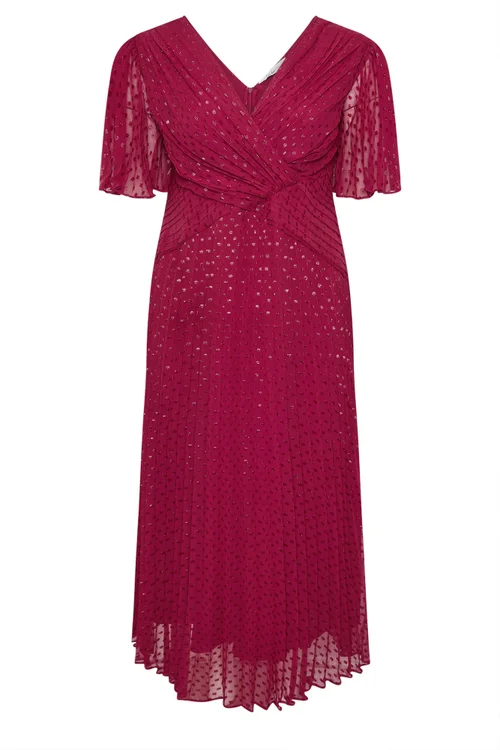 Yours London Curve Red Metallic Dobby Pleated Wrap Dress - 24 Image 5