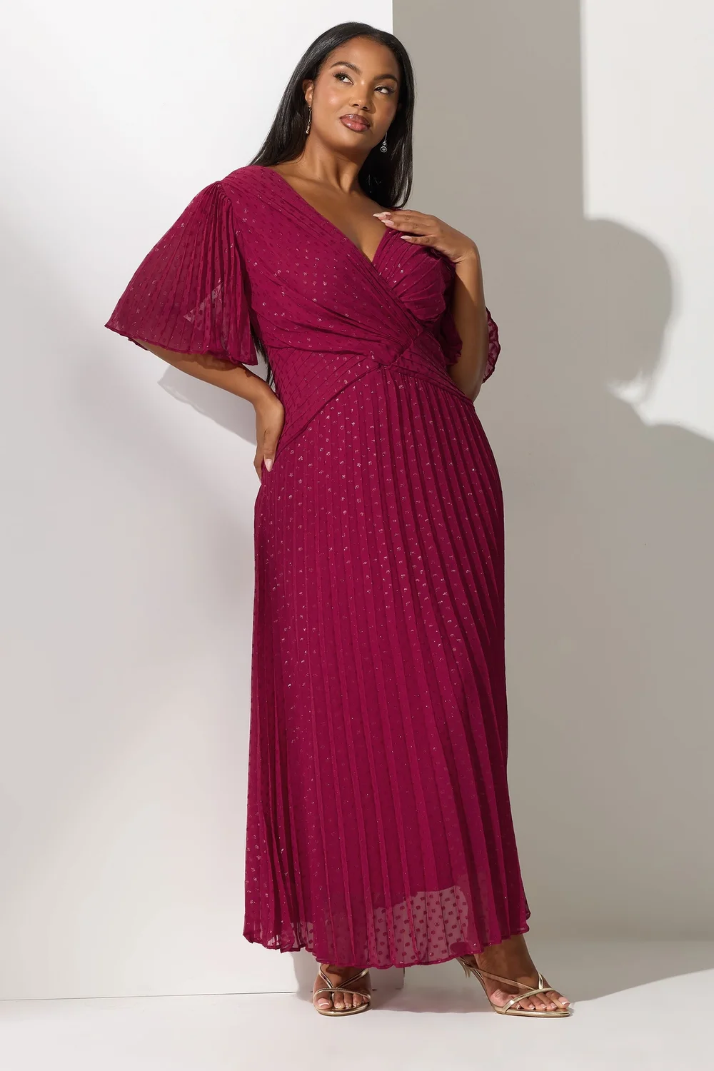 Yours London Curve Red Metallic Dobby Pleated Wrap Dress - 24 Image 2