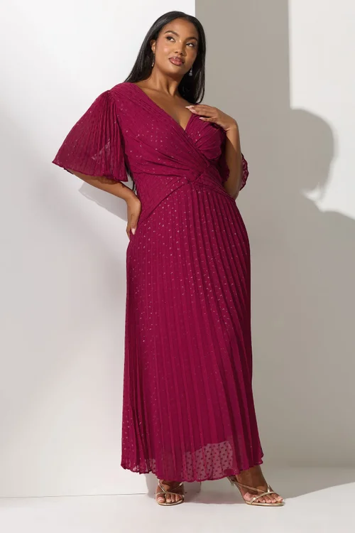 Yours London Curve Red Metallic Dobby Pleated Wrap Dress - 24 Image 2