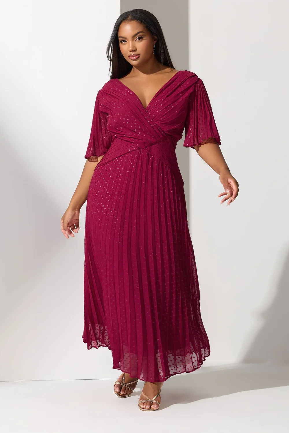 Yours London Curve Red Metallic Dobby Pleated Wrap Dress - 24 Image 1