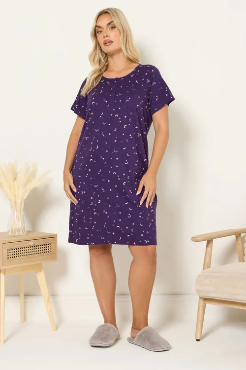 Yours Curve Purple Moon Print Placket Nightdress - Size 30-32 Image 1