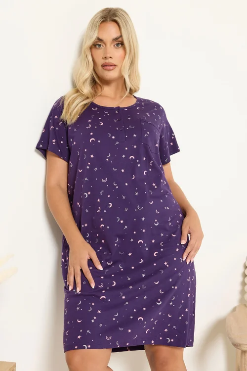 Yours Curve Purple Moon Print Placket Nightdress - Size 30-32 Image 3