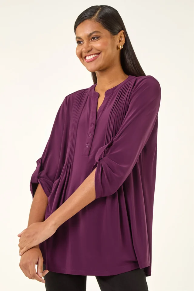Roman Plum Pintuck Button Stretch Top