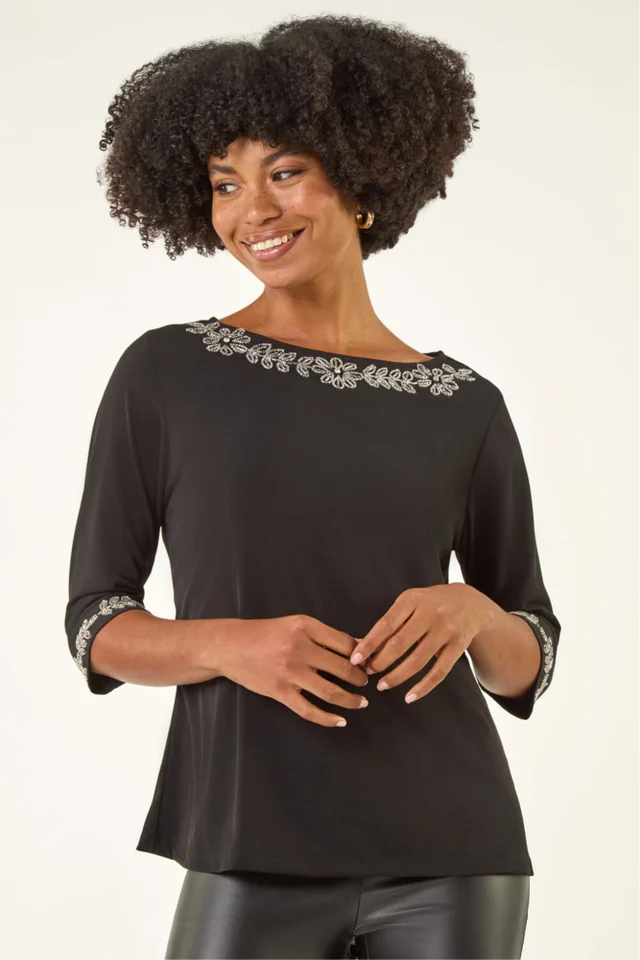 Roman Black Embellished Stretch Tunic Top