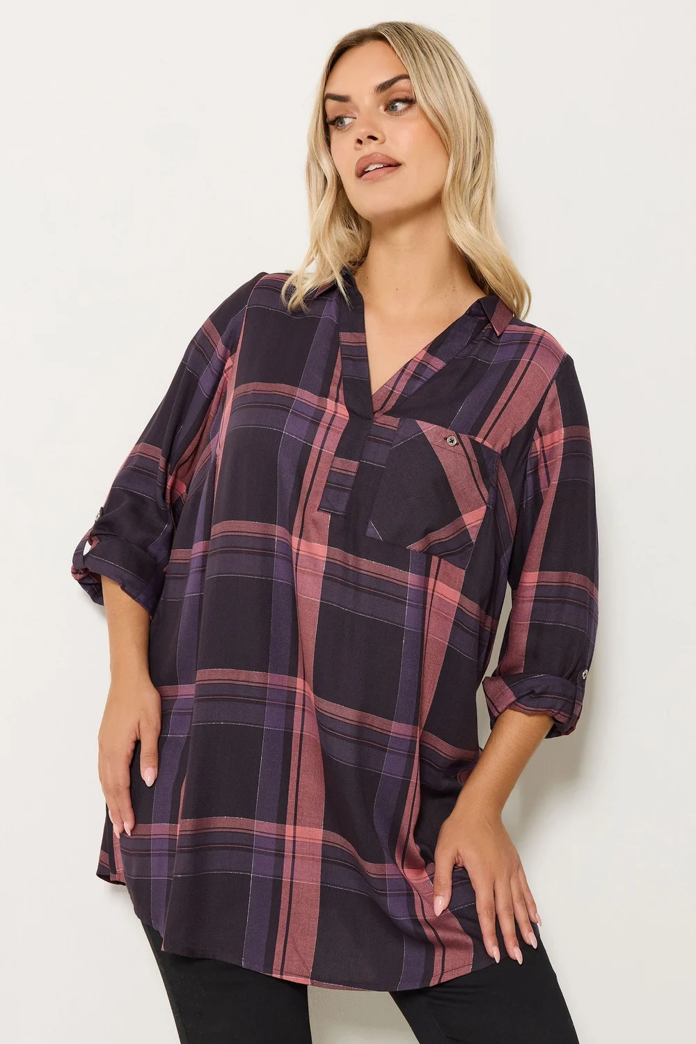 Yours Curve Navy Blue & Pink Check Overhead Shirt - Size 26-28 Image 1