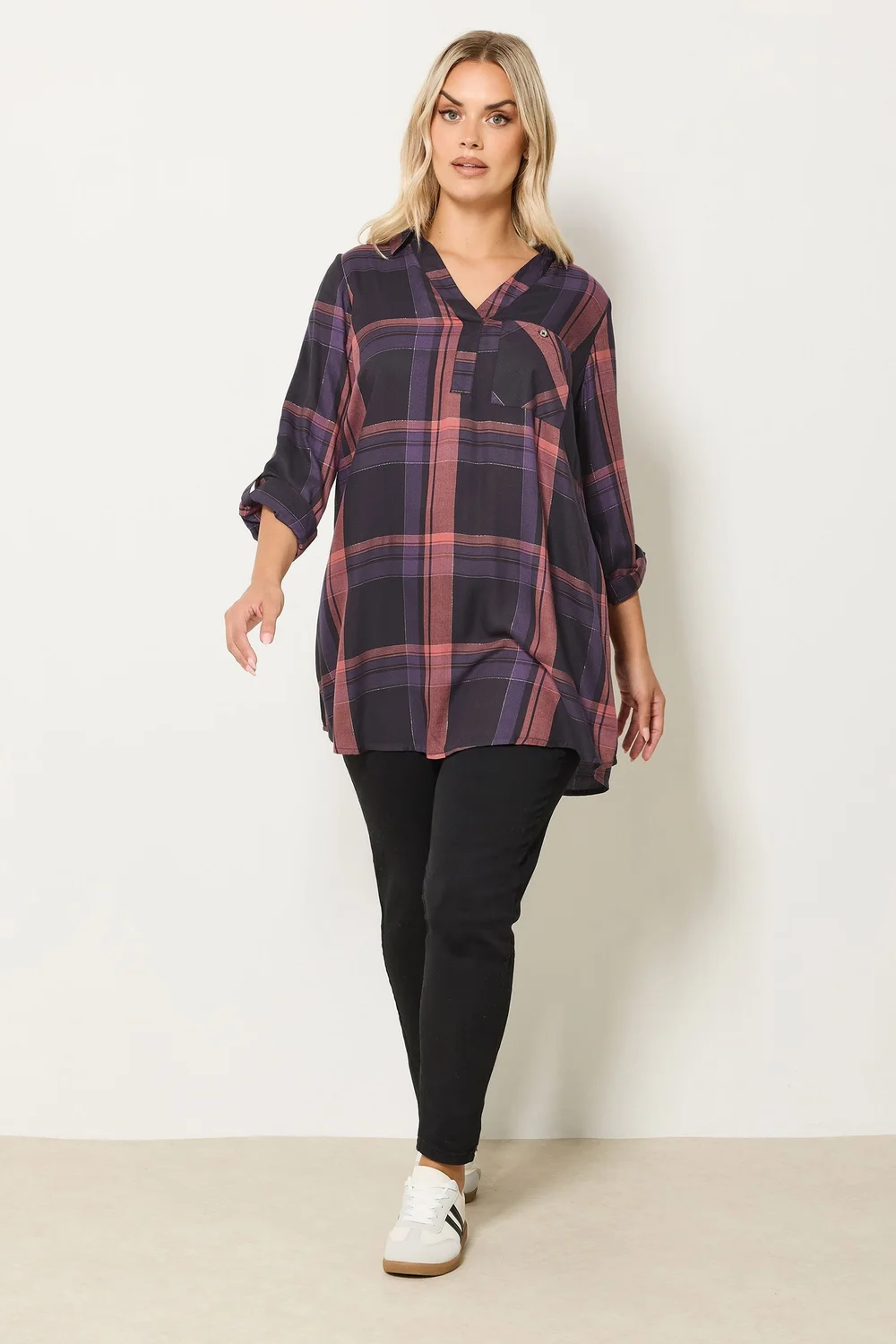 Yours Curve Navy Blue & Pink Check Overhead Shirt - Size 26-28 Image 2