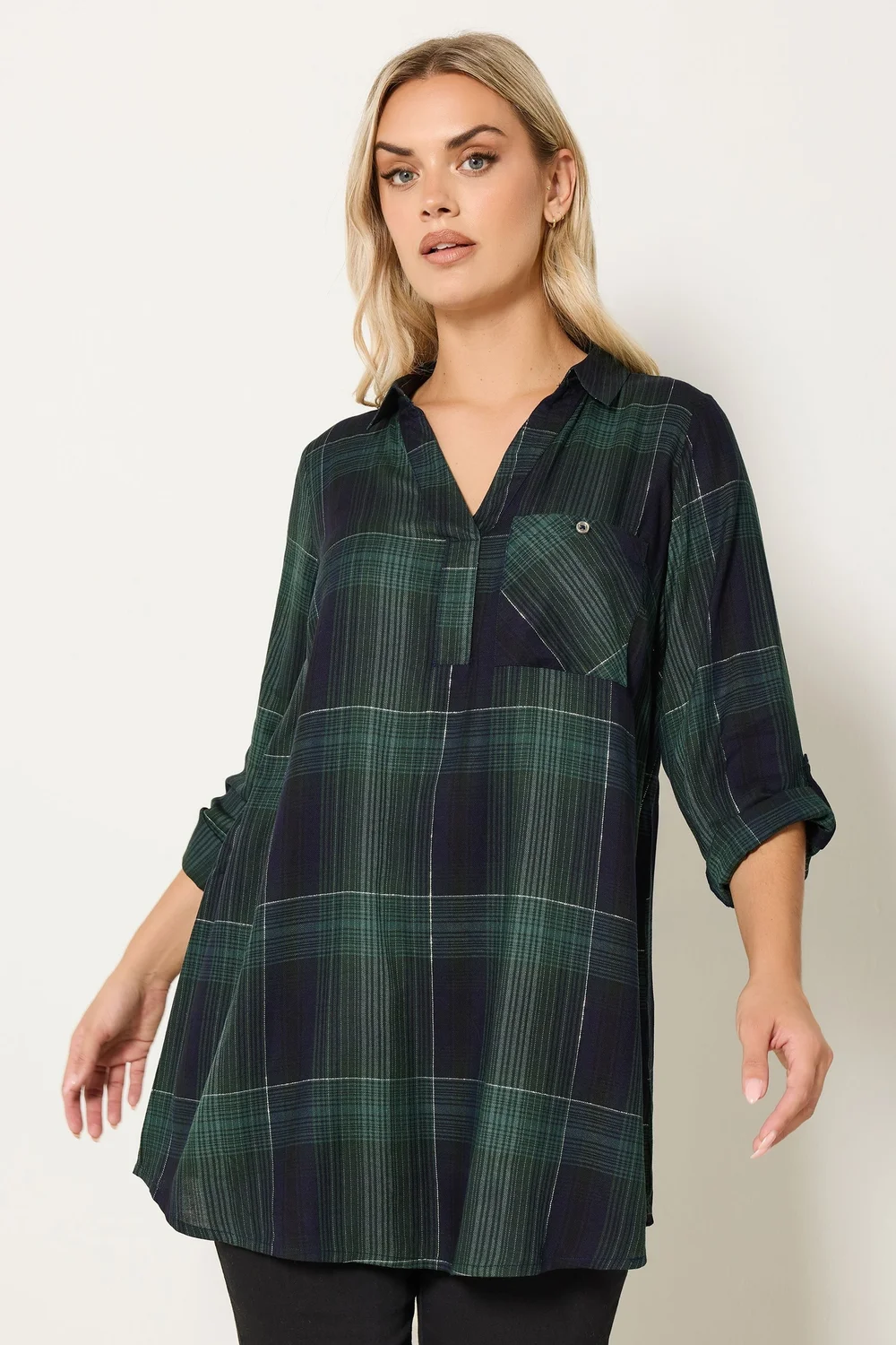 Yours Curve Dark Green Check Overhead Shirt - Size 20 Image 1