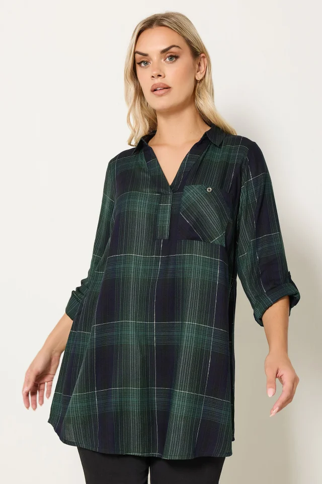 Yours Curve Dark Green Check Overhead Shirt