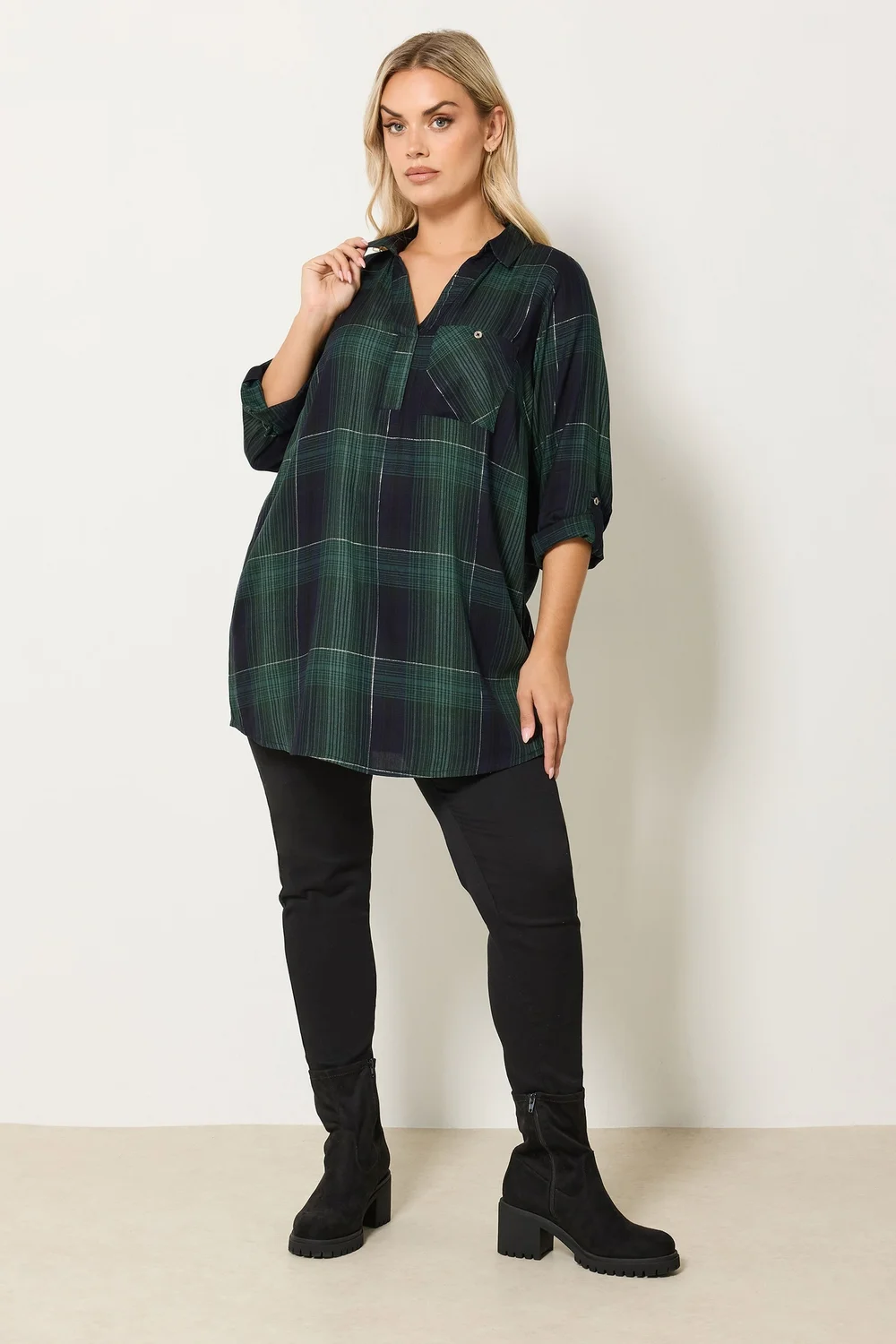 Yours Curve Dark Green Check Overhead Shirt - Size 20 Image 2