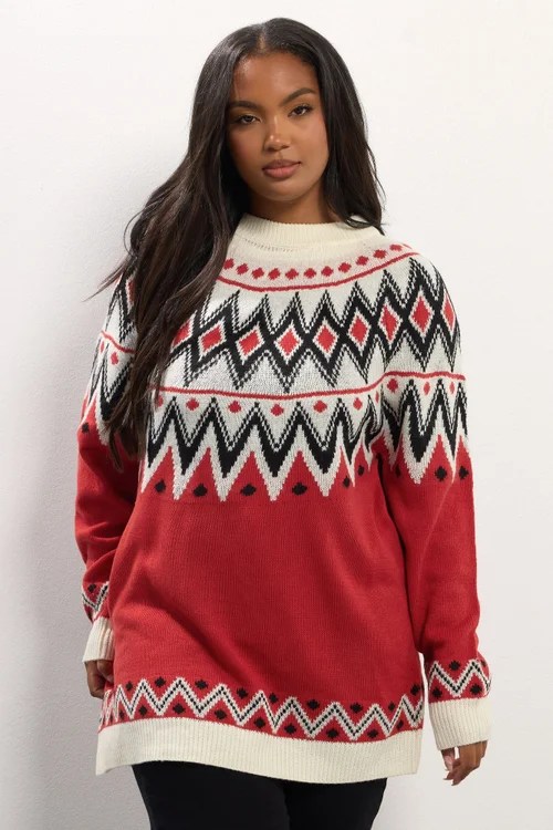 Yours Curve Red Fairisle Knitted Jumper - Size 14-16 Image 2