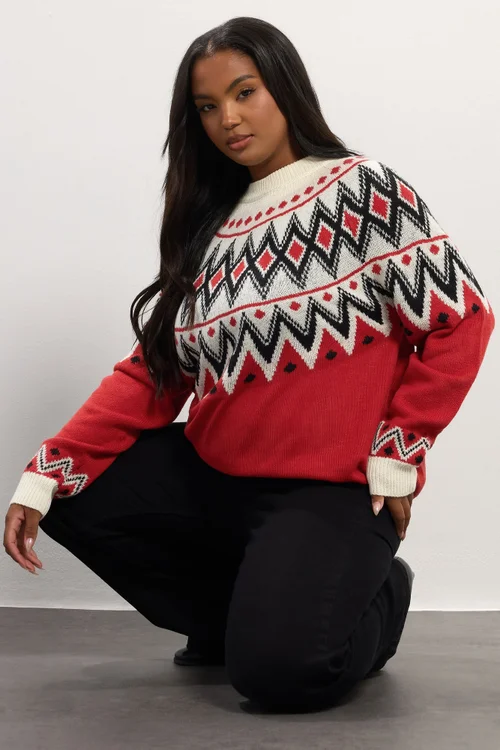 Yours Curve Red Fairisle Knitted Jumper - Size 14-16 Image 4