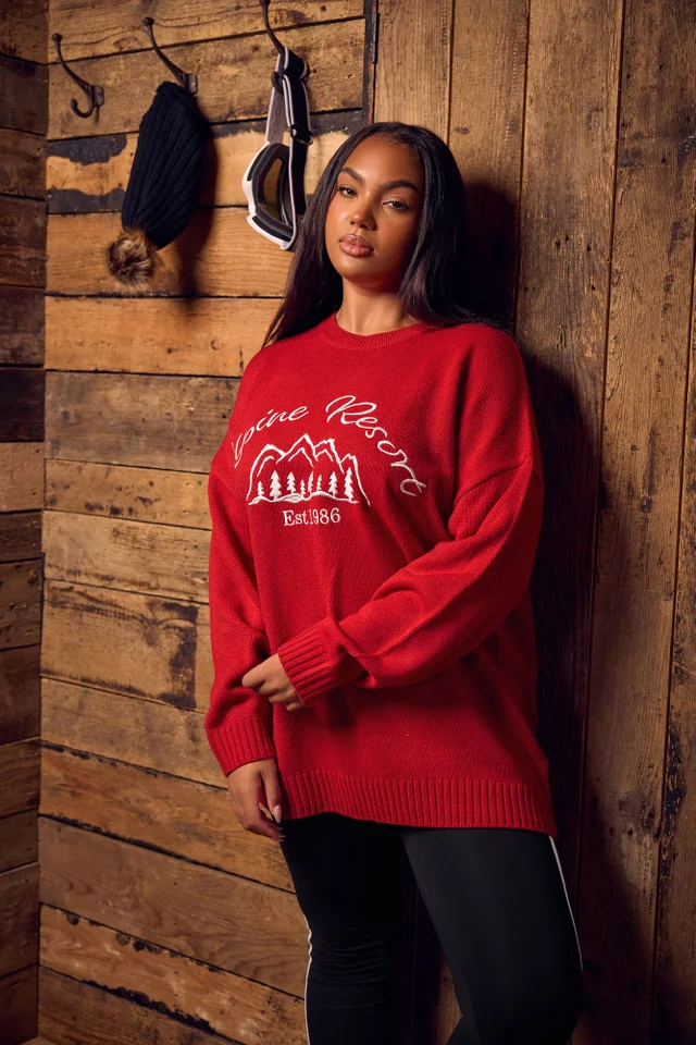 Yours Curve Red 'Alpine Resort' Knitted Jumper