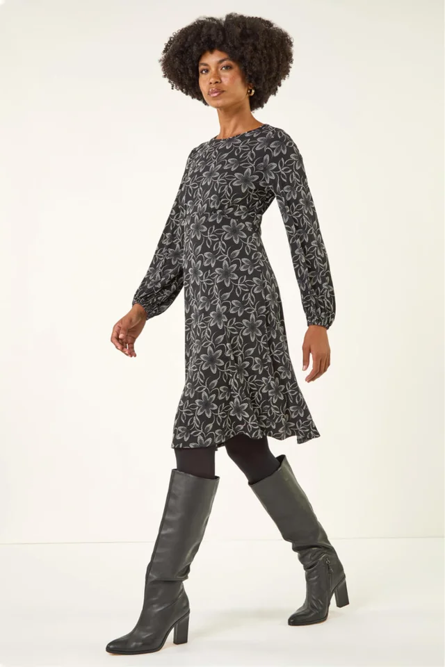 Roman Black Floral Print Frill Stretch Dress
