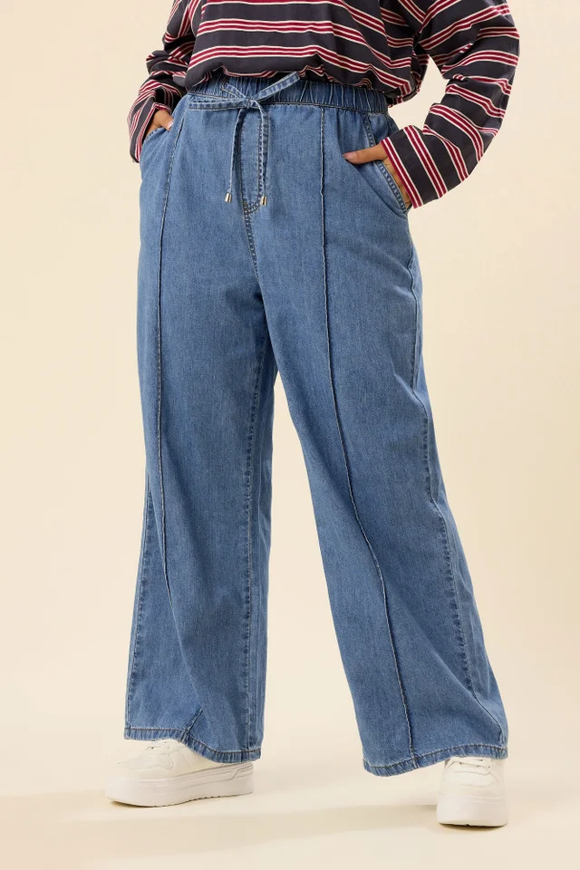 Yours Curve Mid Blue Seam Front Wide Leg Jeans