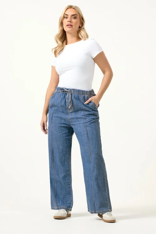 Yours Curve Mid Blue Seam Front Wide Leg Jeans - 20 Image 2