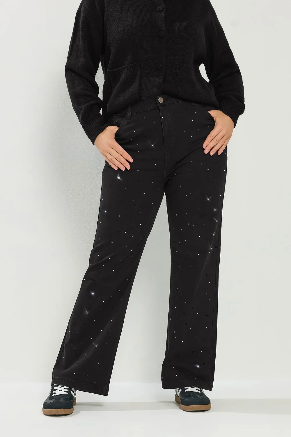 Yours Curve Black Studded Wide Leg Jeans - 16 Image 1