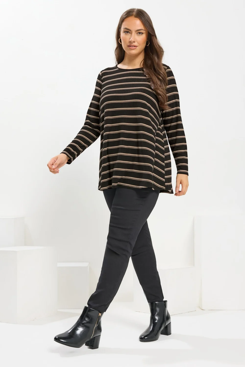 Yours Curve Black Stripe Ribbed Swing Top - Size 30-32 Image 2