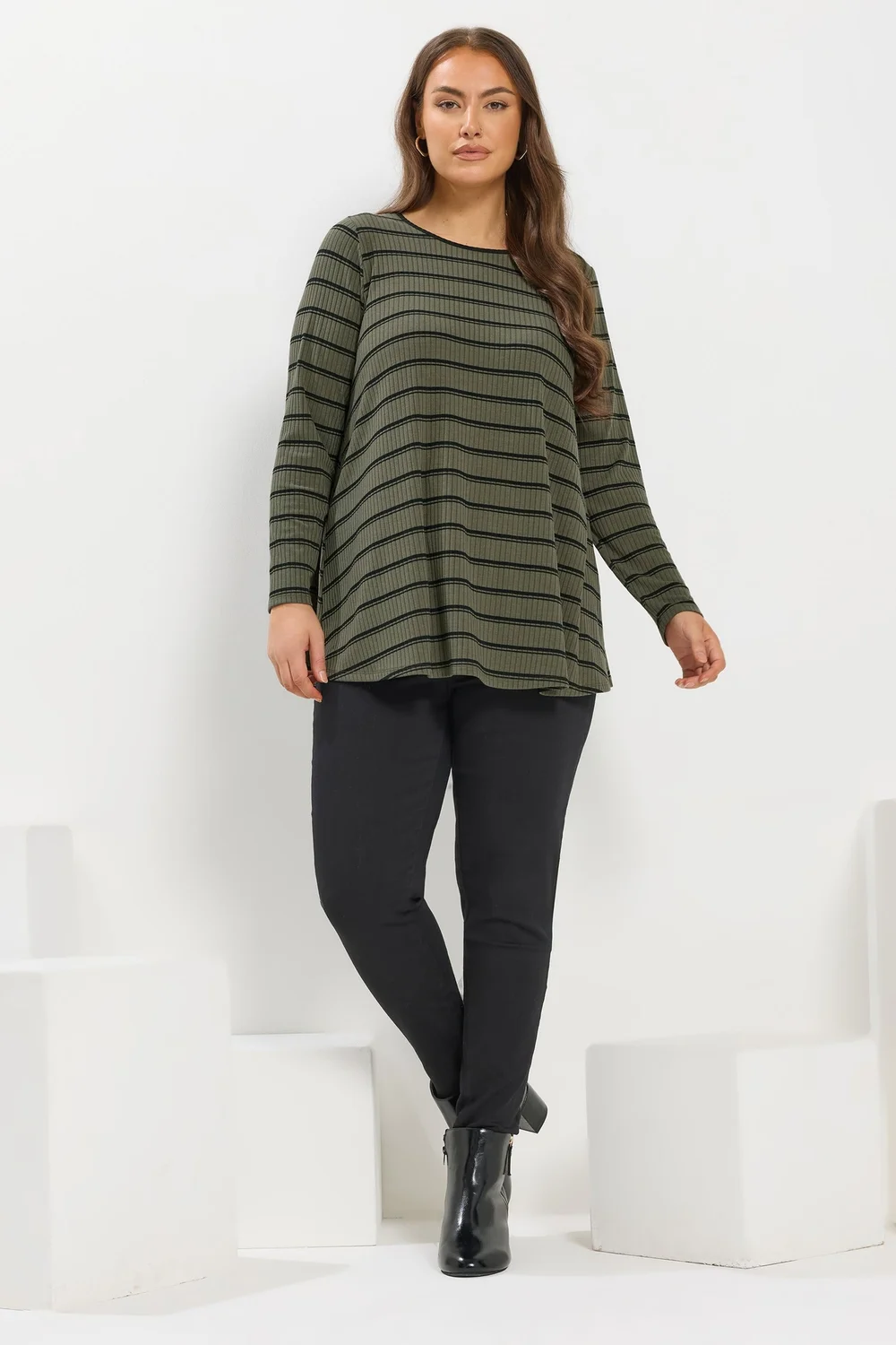 Yours Curve Khaki Green Stripe Ribbed Swing Top - Size 22-24 Image 2