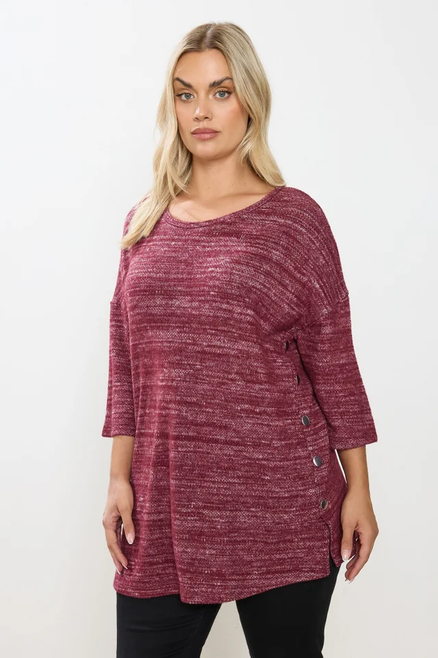 Yours Curve Burgundy Red Knitted Side Button Top