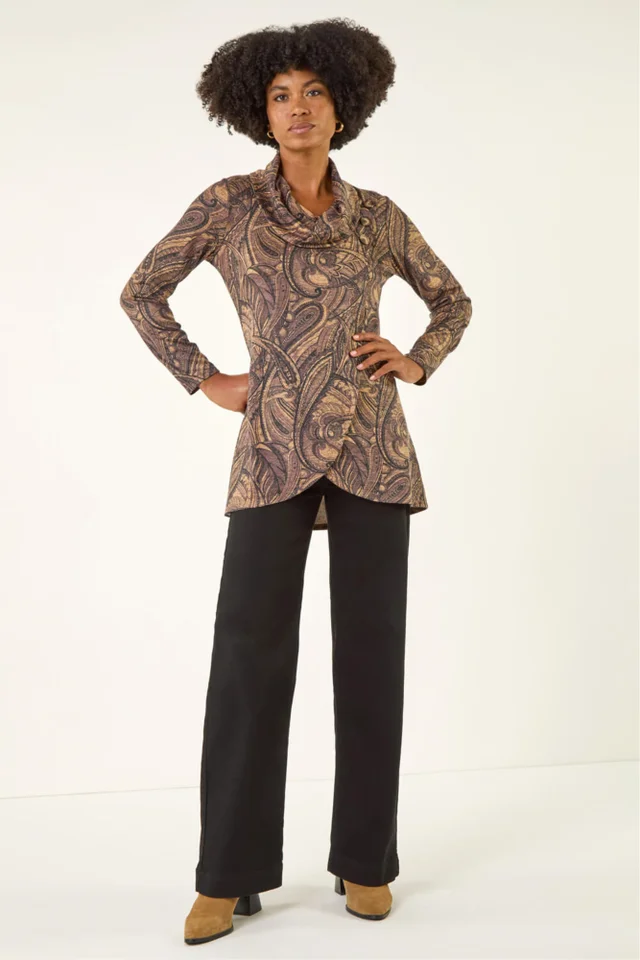 Roman Taupe Paisley Print Cowl Neck Stretch Top