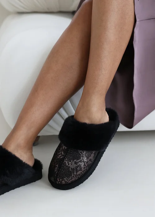 Where's That From Flora GunMetal Black Snake Print Mule Slippers - Size 3 Image 1