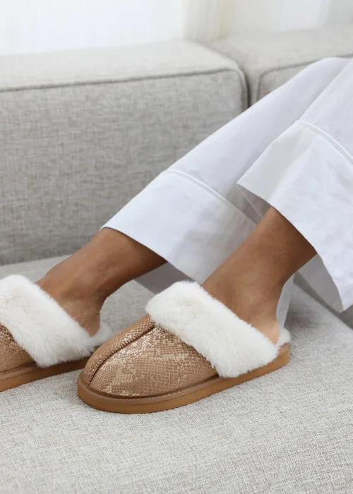 Where's That From Flora Gold Camel Snake Print Mule Slippers - Size 4 Image 1