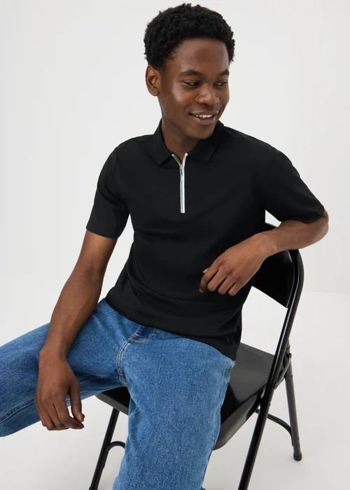 Black Smart Soft Touch Cotton Zip Polo Shirt - S Image 1