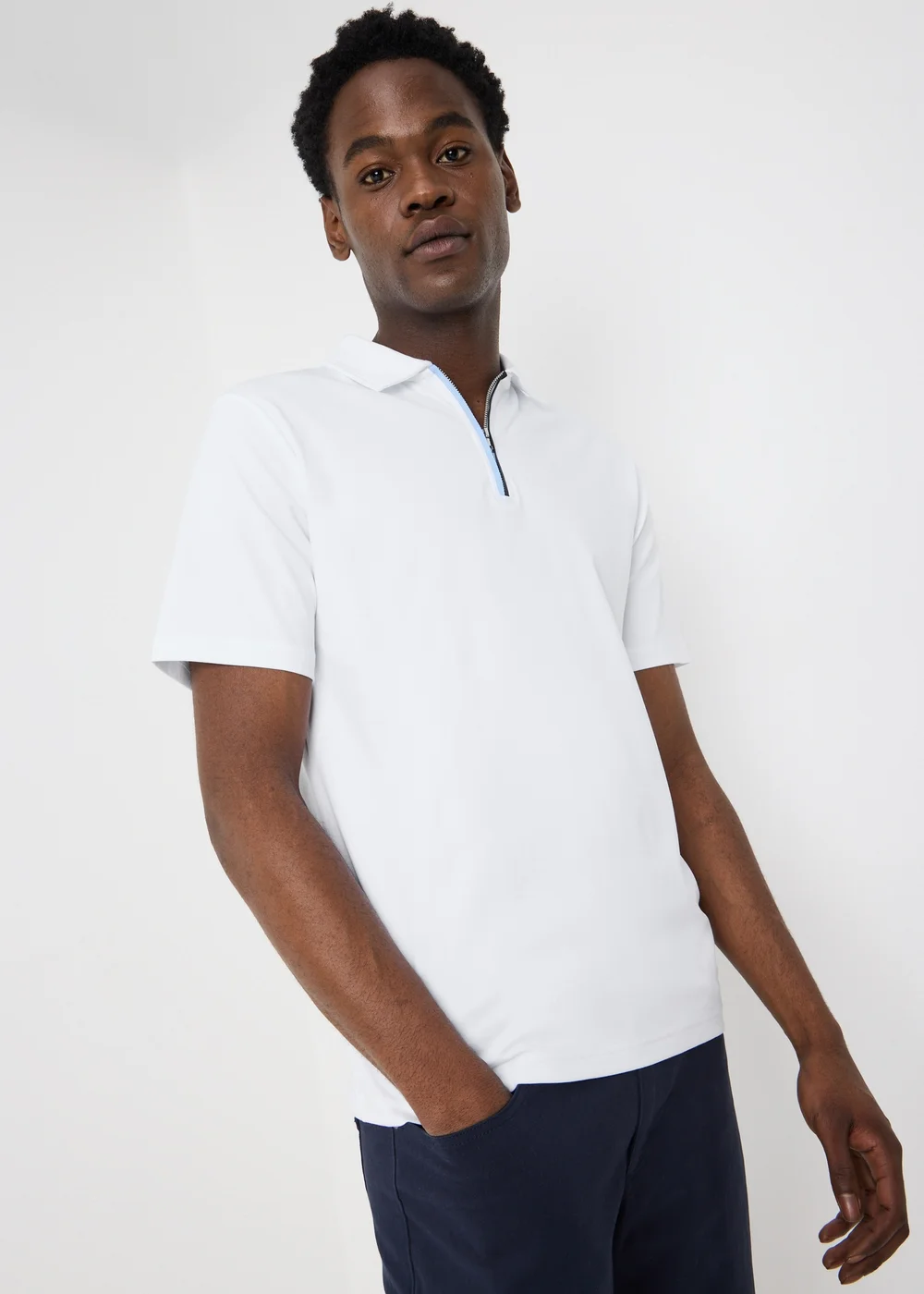 White Smart Soft Touch Cotton Zip Polo Shirt - L Image 2