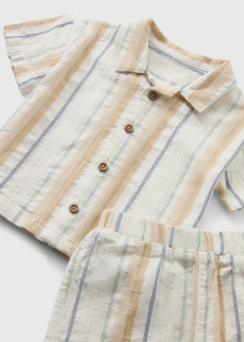Baby Cream Woven Stripe Shirt & Short Set (Newborn-23mths) - Up to 1 Month Image 2