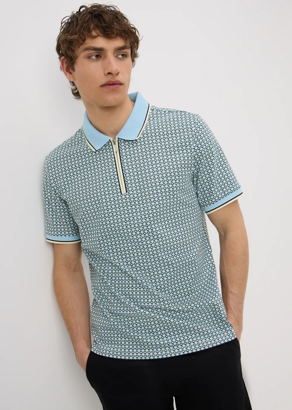 Mint Tile Print Zip Polo Shirt - 2XL Image 1