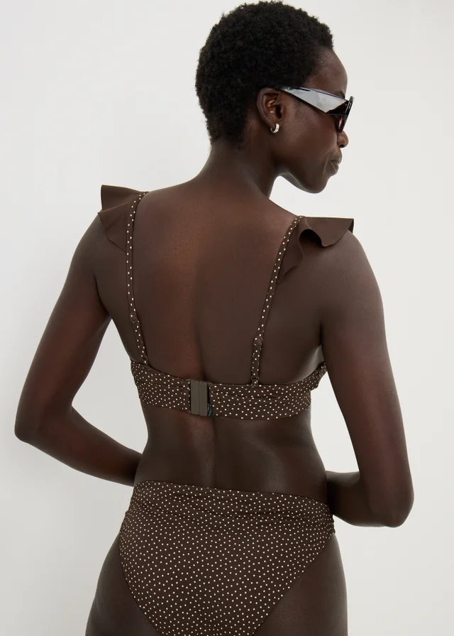 Chocolate Brown Polka Dot Frill Bikini Top