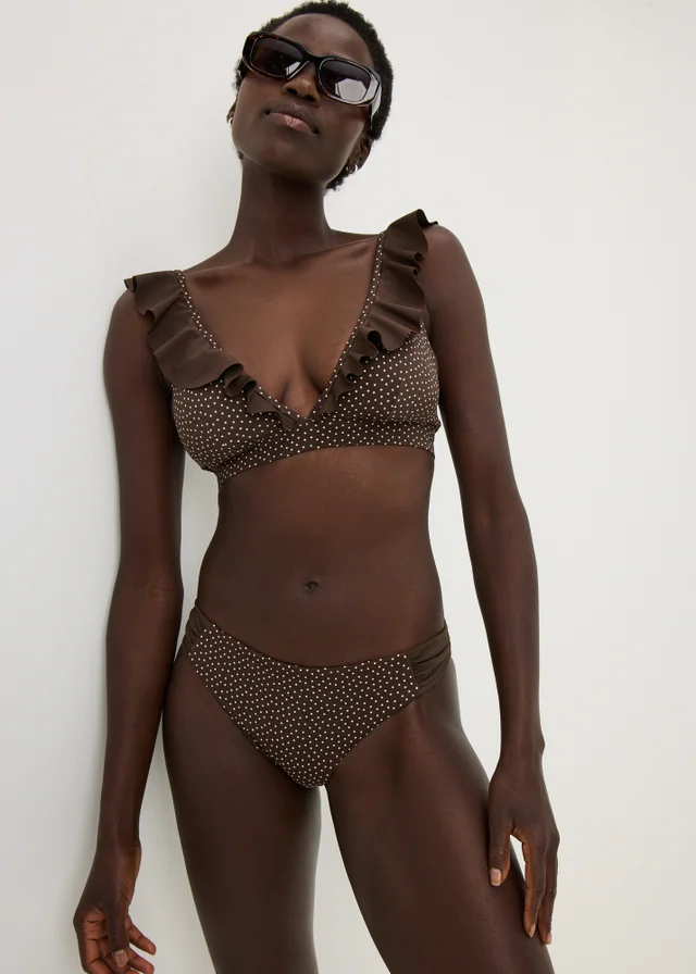 Chocolate Brown Polka Dot Frill Bikini Top