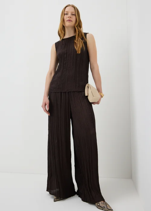 Et Vous Chocolate Brown Crinkle Satin Wide Leg Co Ord Trousers - L Image 1