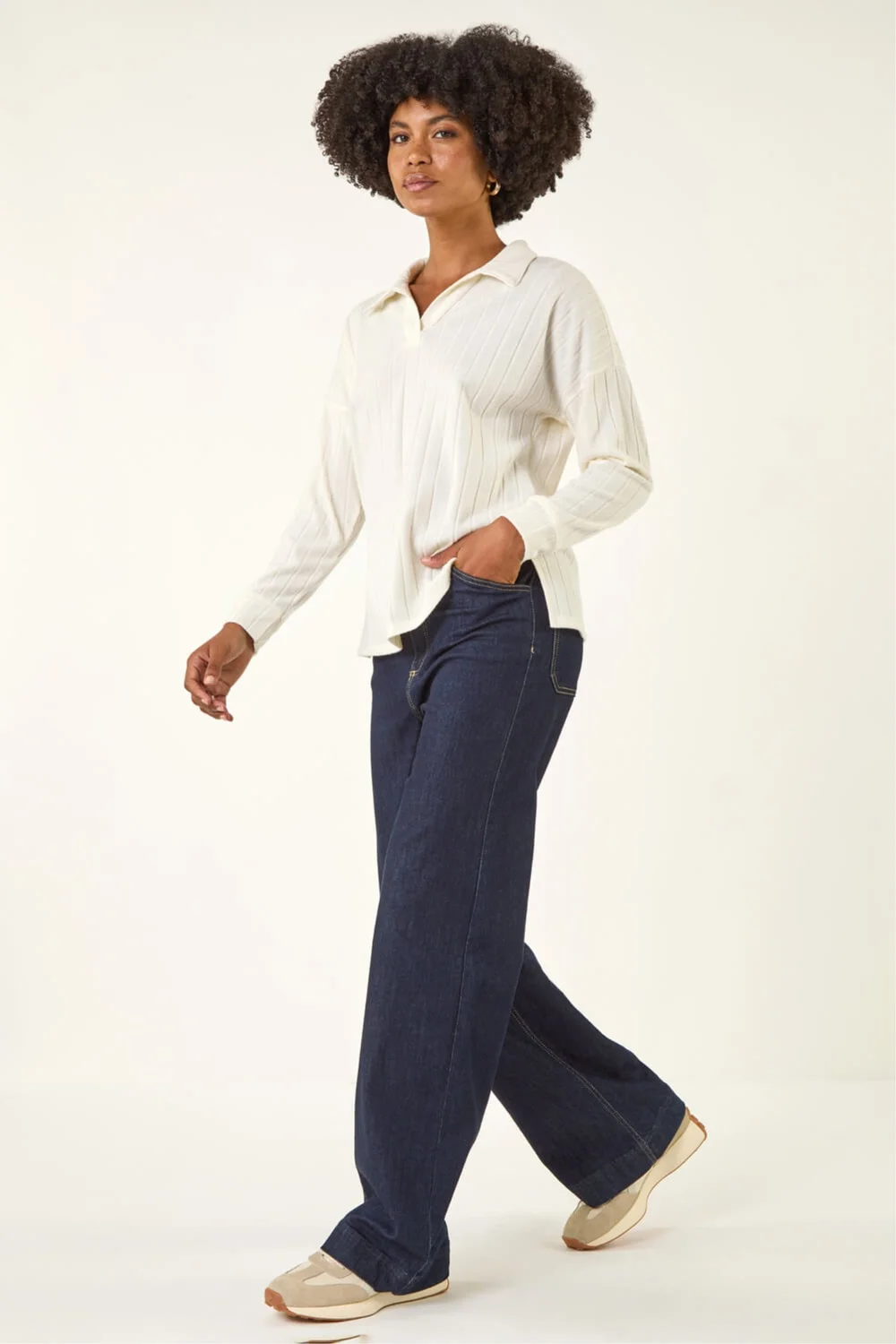 Roman Cream Ribbed Collared Stretch Top - Size 14 Image 2