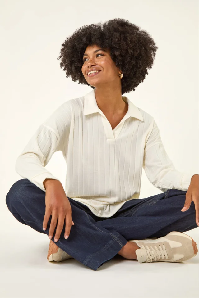 Roman Cream Ribbed Collared Stretch Top