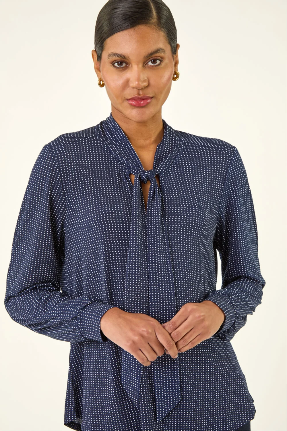 Roman Navy Polka Dot Tie Neck Top - Size 16 Image 1