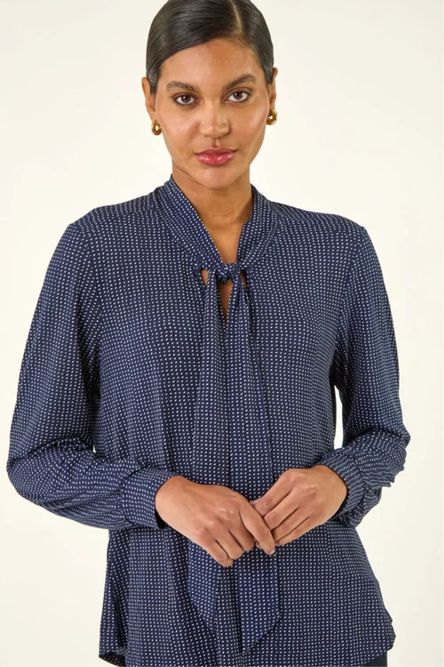 Roman Navy Polka Dot Tie Neck Top - Size 16 Image 1