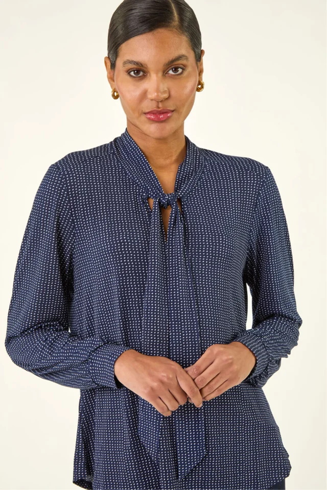 Roman Navy Polka Dot Tie Neck Top