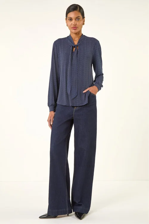 Roman Navy Polka Dot Tie Neck Top - Size 16 Image 2