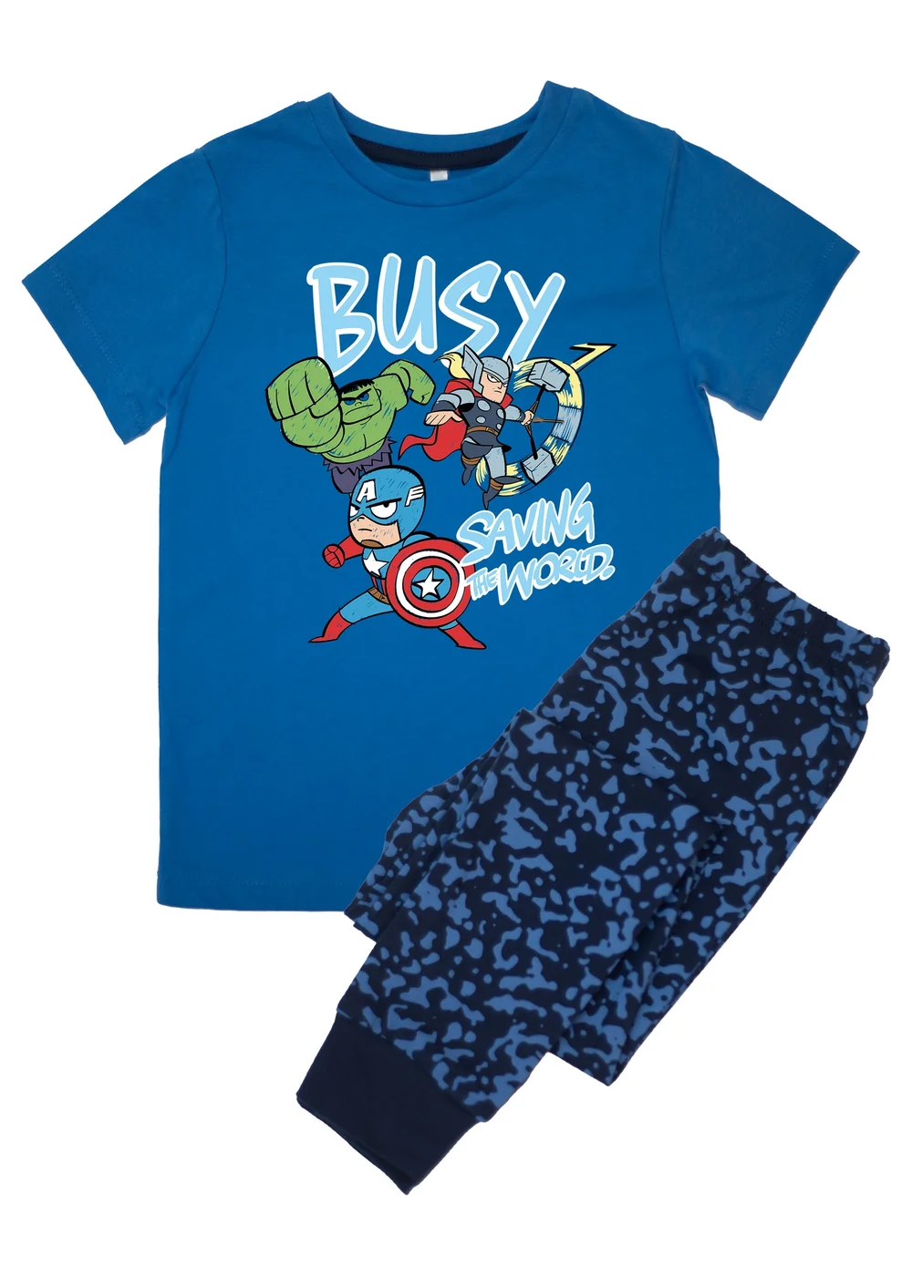 Ada & Ted Marvel Avengers Busy Saving Boys Blue Graphic Pyjamas (3-8 Years) - Age 7-8 Years Image 1