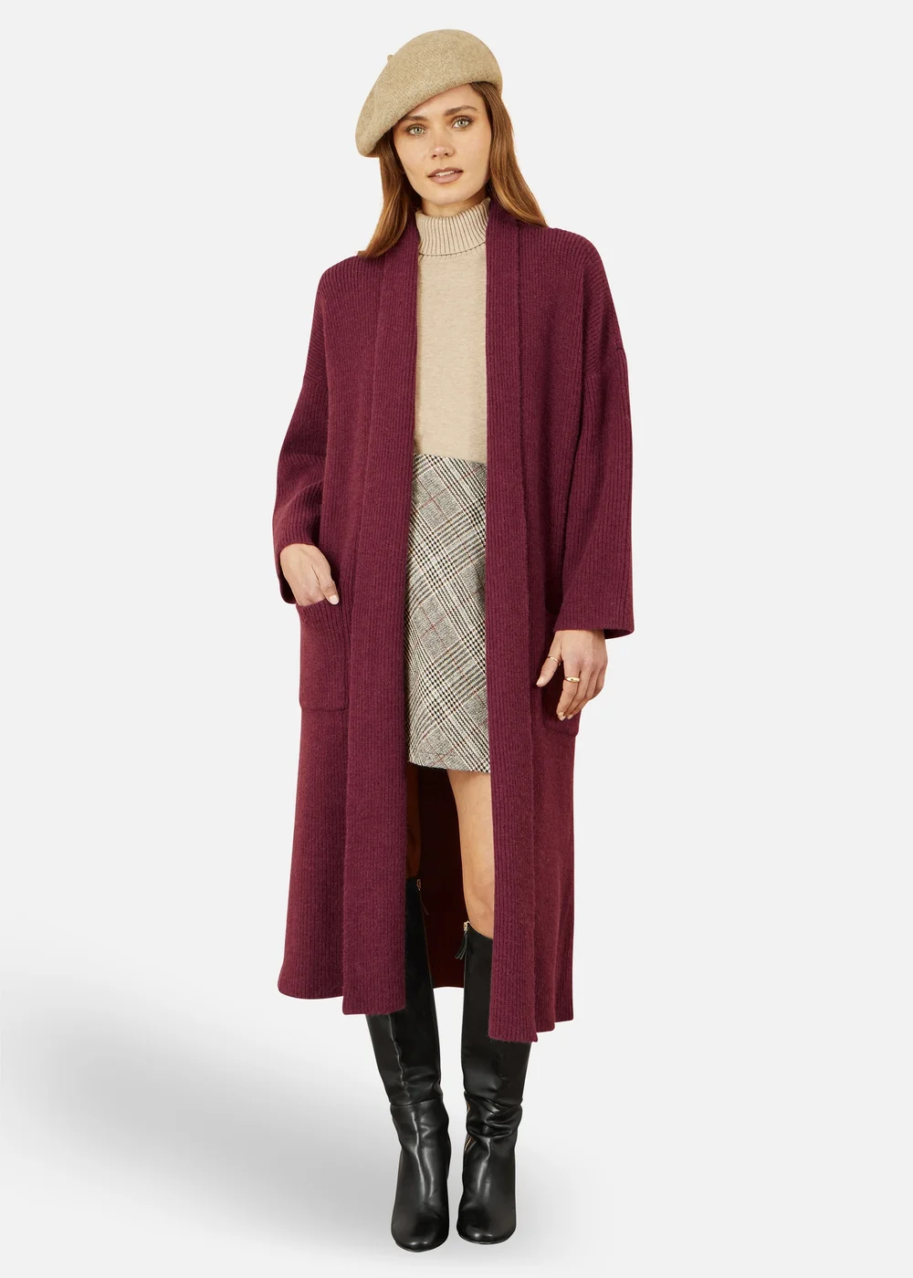 Yumi Burgundy Knitted Maxi Cardigan With Pockets - Medium Image 1