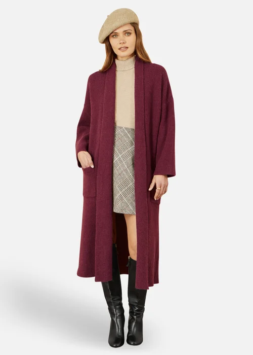 Yumi Burgundy Knitted Maxi Cardigan With Pockets - Medium Image 1