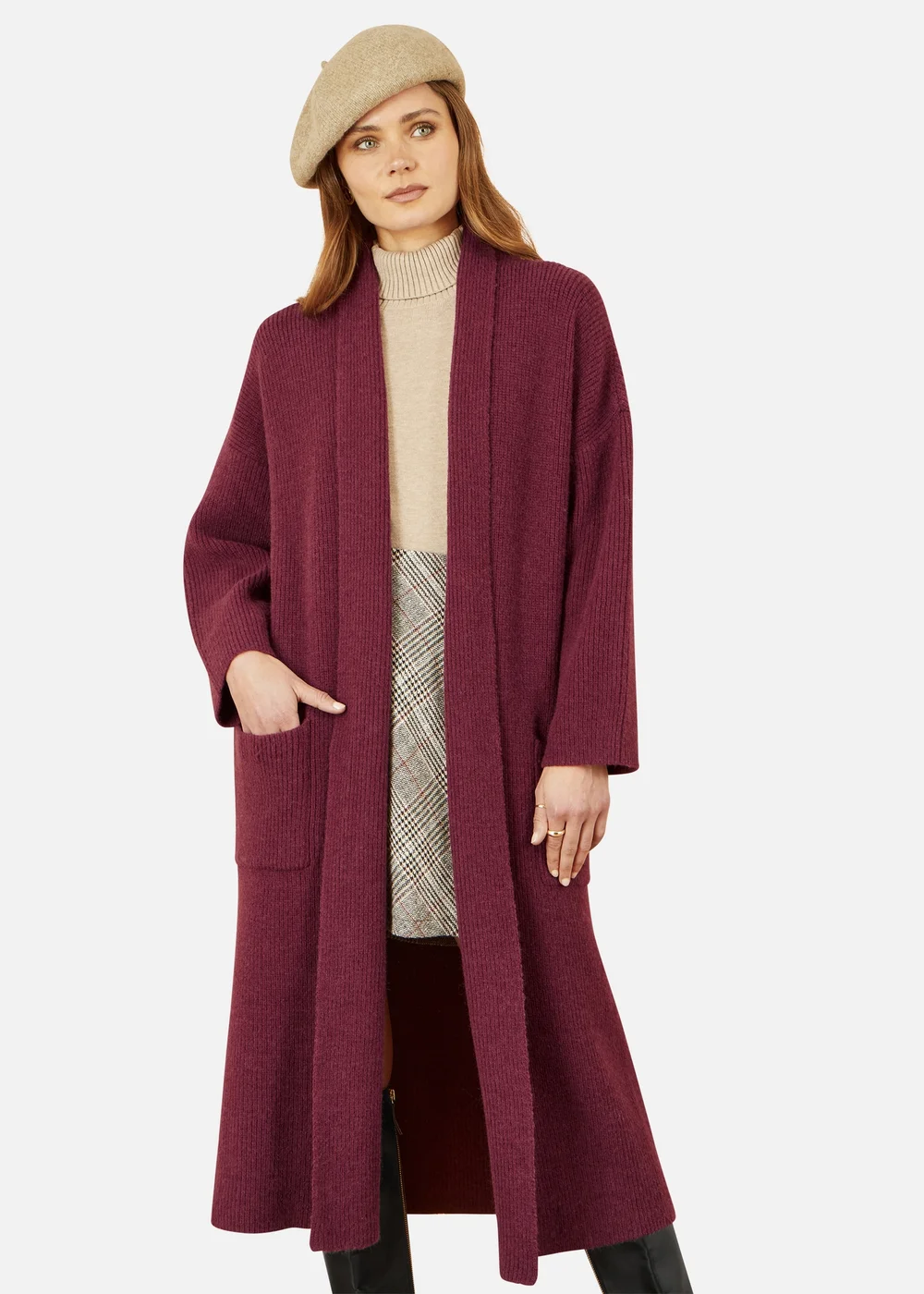 Yumi Burgundy Knitted Maxi Cardigan With Pockets - Medium Image 2
