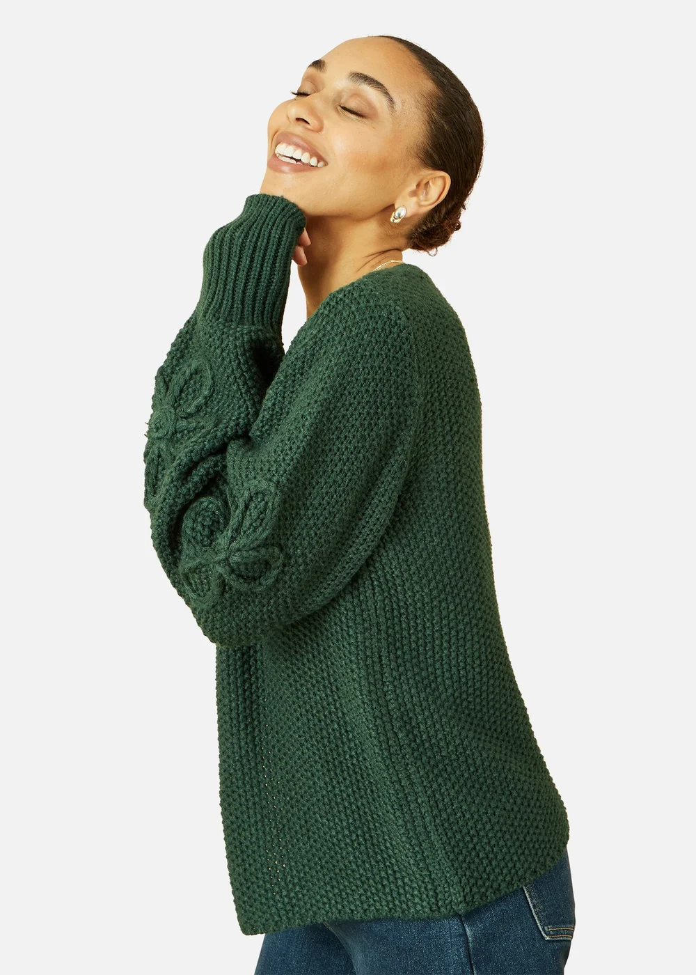 Yumi Green Edge to Edge Cardigan With Flower Detail Sleeves - L Image 3