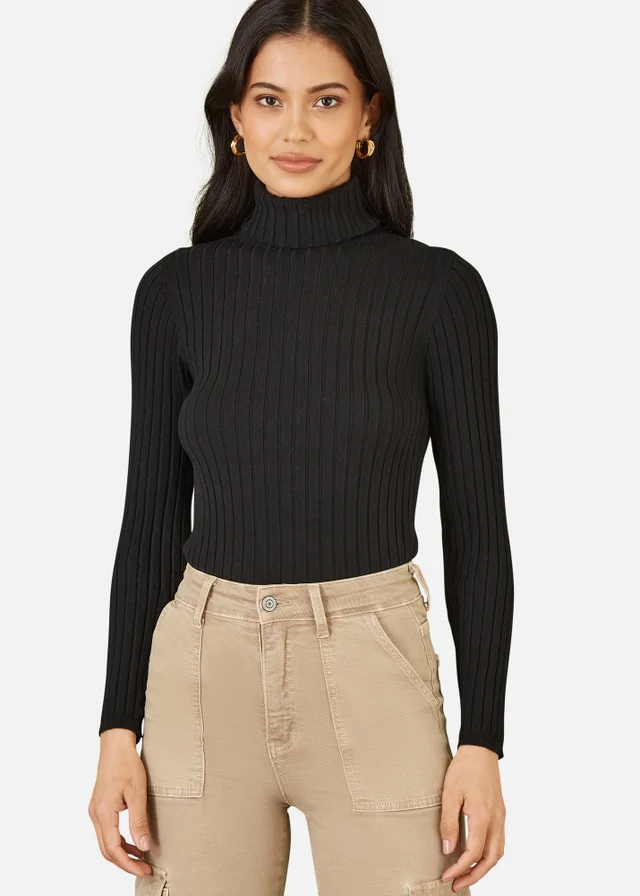 Yumi Black Ribbed Knit Roll Neck Jumper