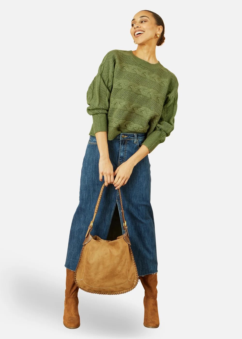 Yumi Green Cable Knit Relaxed Fit Jumper - L Image 1