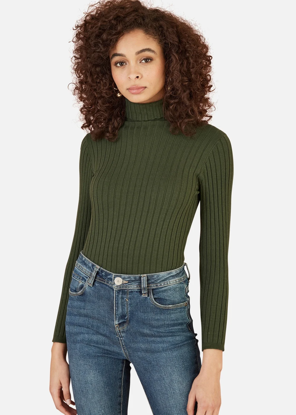 Yumi Green Ribbed Knit Roll Neck Jumper - S Image 1
